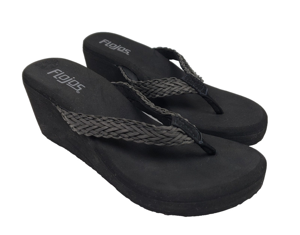 Flojos Livvy Womens Size 6 Black Braided Slip On Wedge Thong Flip Flop Sandals